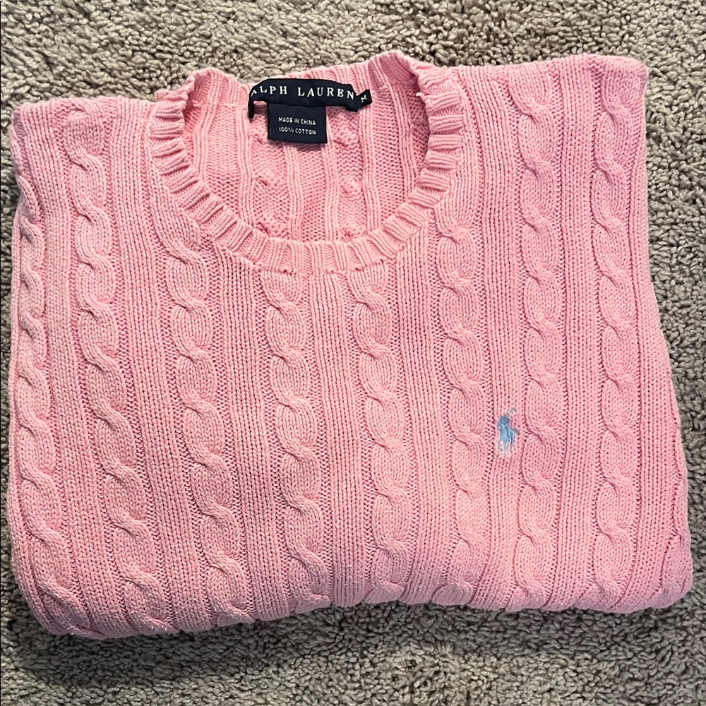 Ralph Lauren Women's Soft Pink Cable Knit Crewneck Sweater